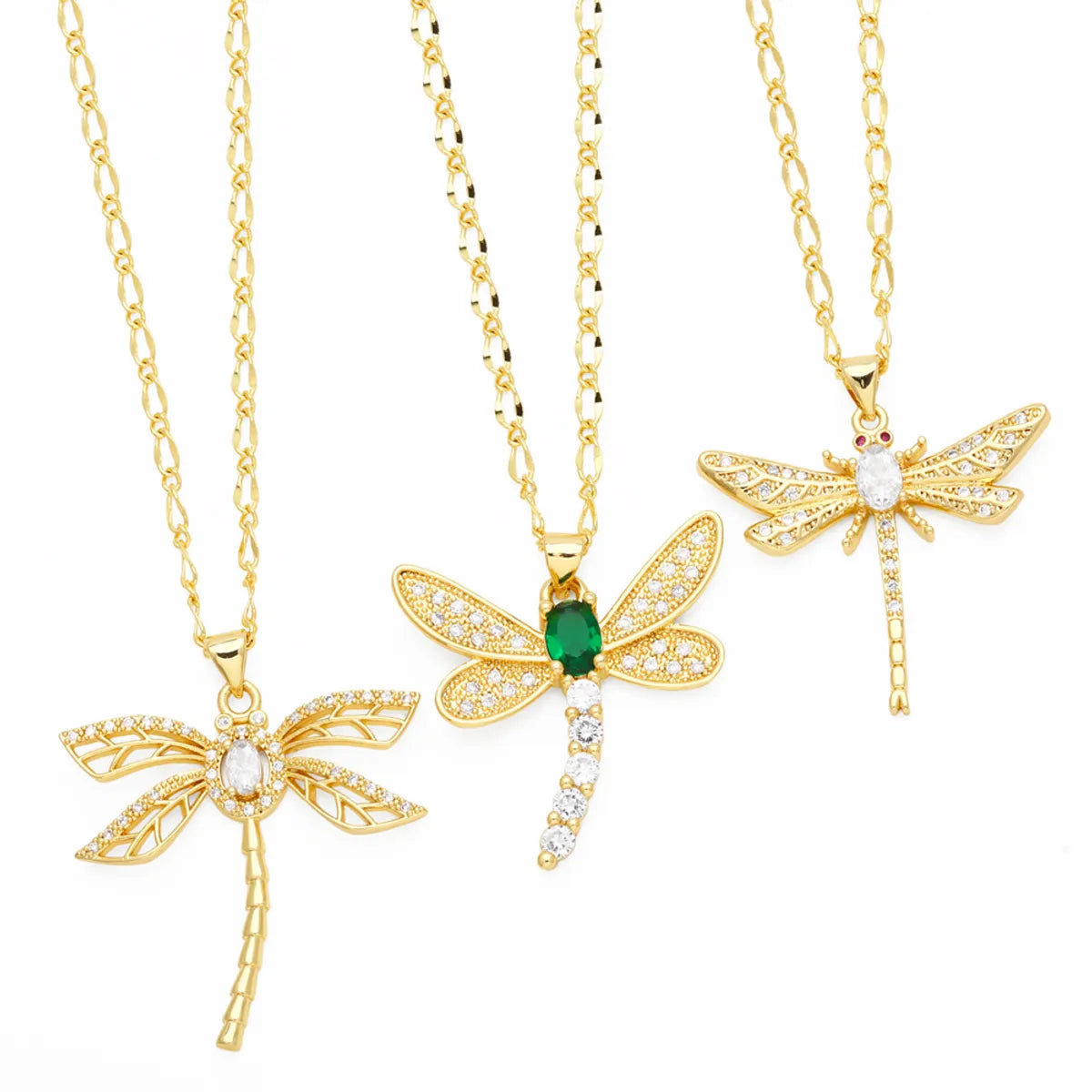 Necklaces For Grunge Edge-Casual Simple Style Dragonfly Stainless Steel Copper Plating Inlay Zircon 18k Gold Plated Pendant Necklace Long Necklace