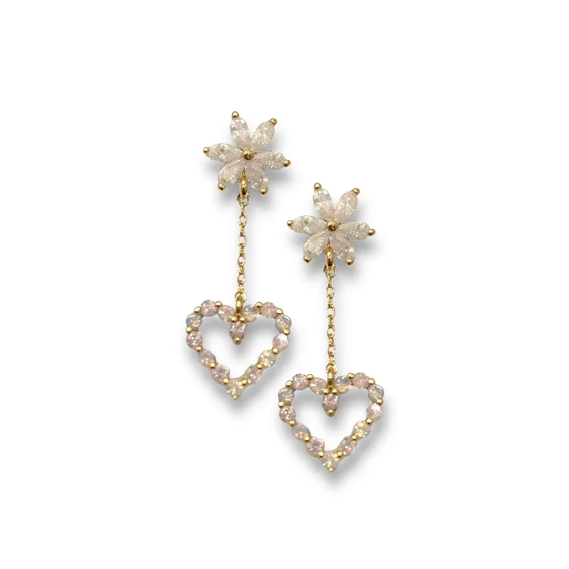 Earrings For Long Lines-Amora Flower + Heart Drop Crystal Stud Earrings