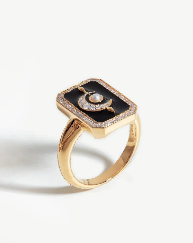 Rings Outline Variety-Harris Reed Fine Lunar Ring | 14ct Solid Gold/Diamond & Black Enamel