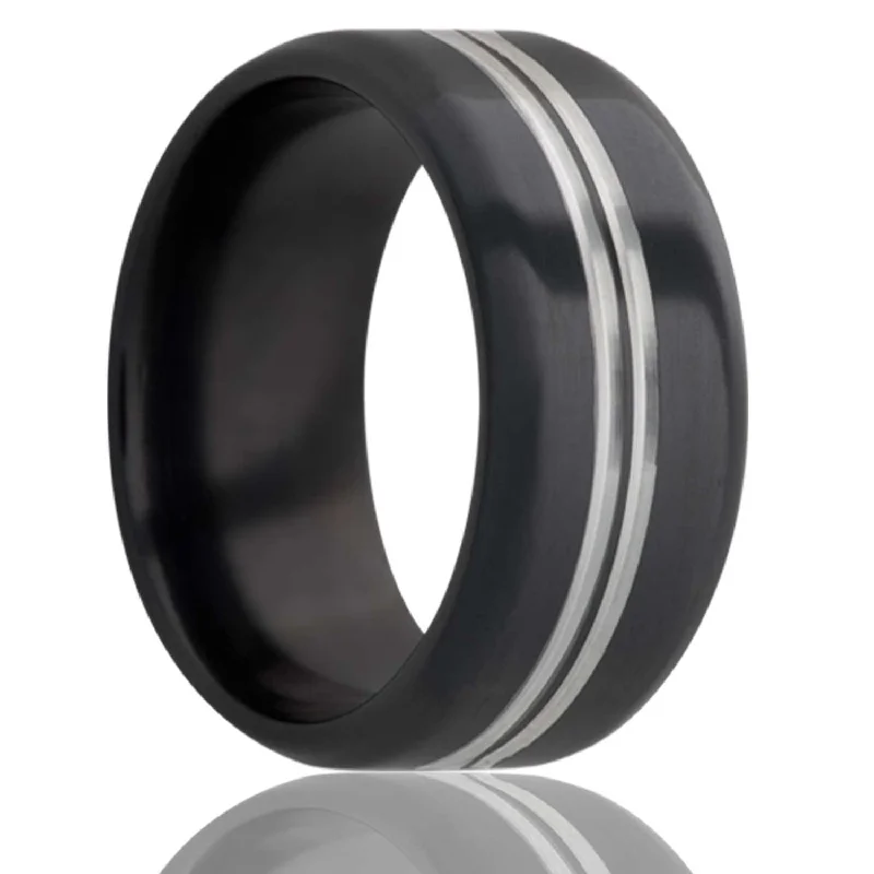 Low Gleam Rings-Double Grooved Silver and Black Zirconium Ring