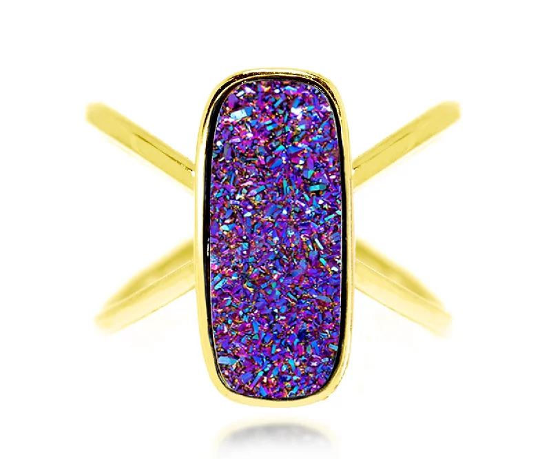 Bold Rings For Newness-Criss Cross Rectangle Purple Druzy 14k Ring