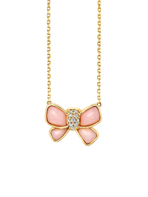 Necklaces For Neck Pros-Hand Carved Bow Necklace - White Diamond and Pink Opal / 14k Yellow Gold