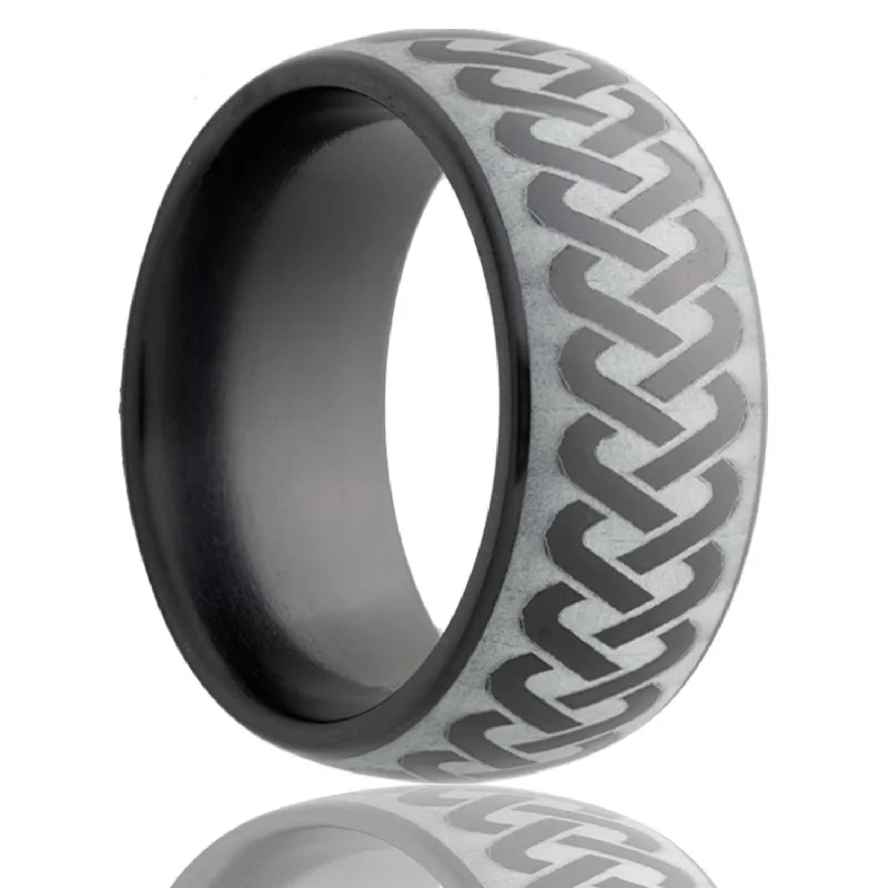 Rooted Rings For Earth-Dome Zirconium Band with a Laser Pattern