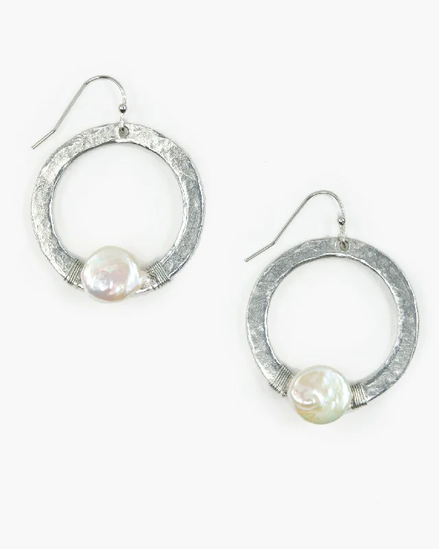 Earrings For Large Venues-Wire Wrapped Freshwater Pearl Medium Hoop Earring (ER144)