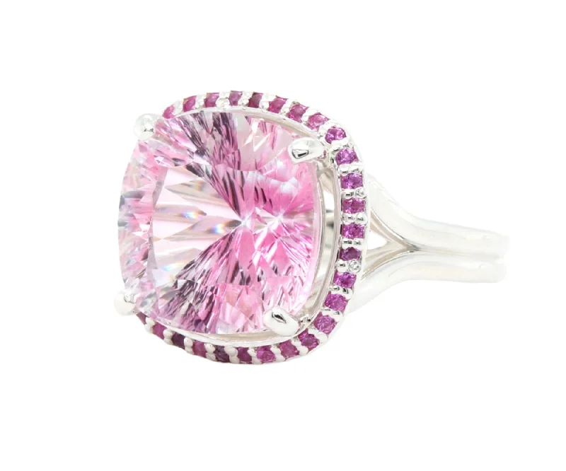 Rings For Prairie Vibes-Starburst Pink Topaz Sapphire Halo Ring