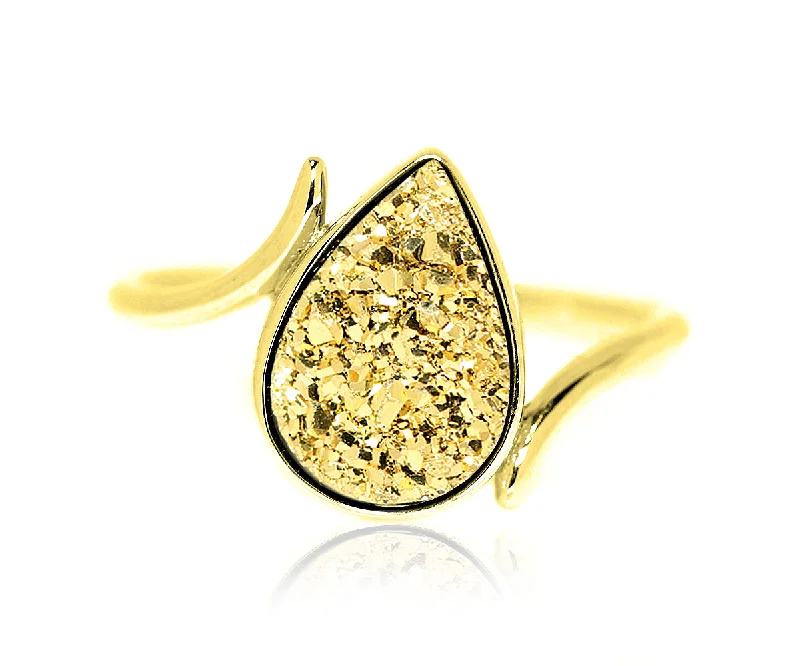 Rings For Full Flair-Bypass Teardrop 18K Gold Druzy Ring