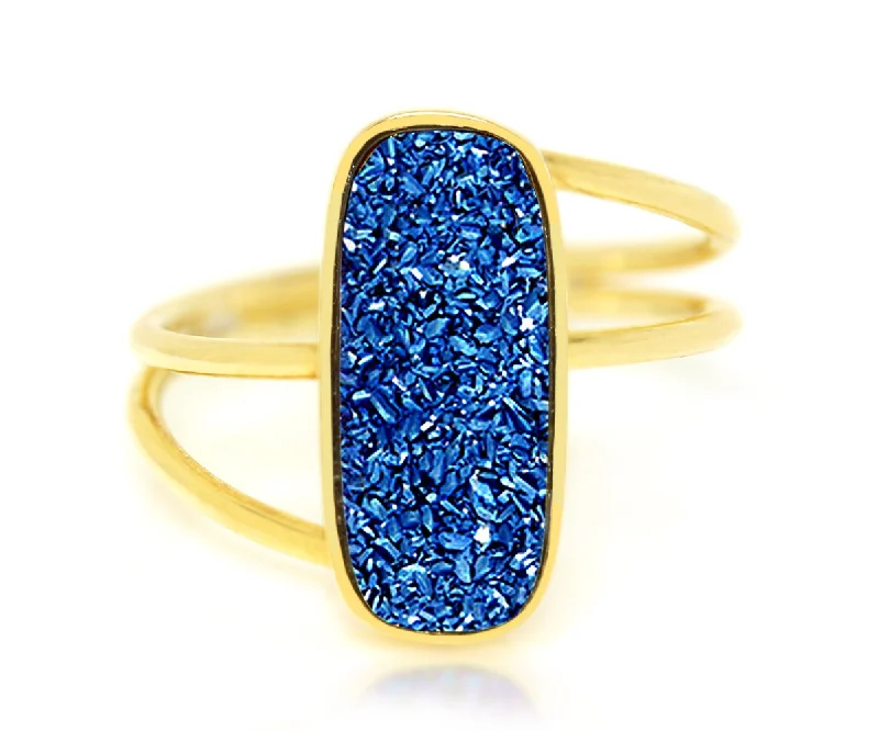 Rings Forge Hacks-Double Twist Rectangle Blue Druzy Gold Ring