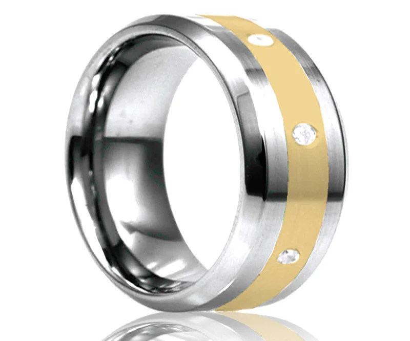 Fiery Rings For Zest-Men's Beveled Edge Tungsten Ring With Yellow Gold Inlay And Eight Stones