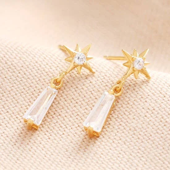 Earrings Pledge Info-Star and Crystal Drop Earrings in Gold