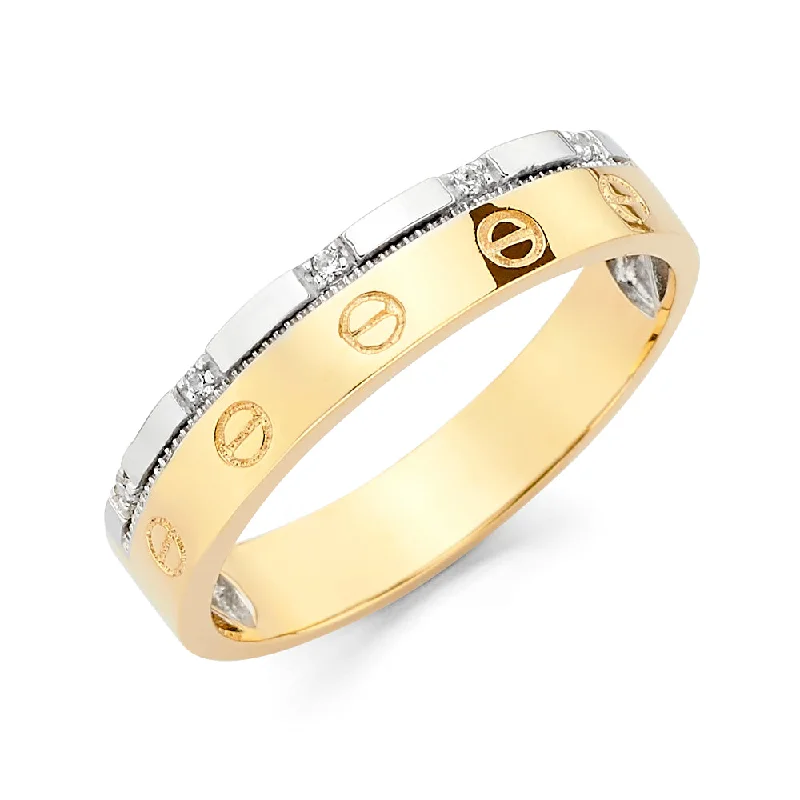 Rings With Hammered Frames-14K Solid Gold CZ Men's Wedding Band