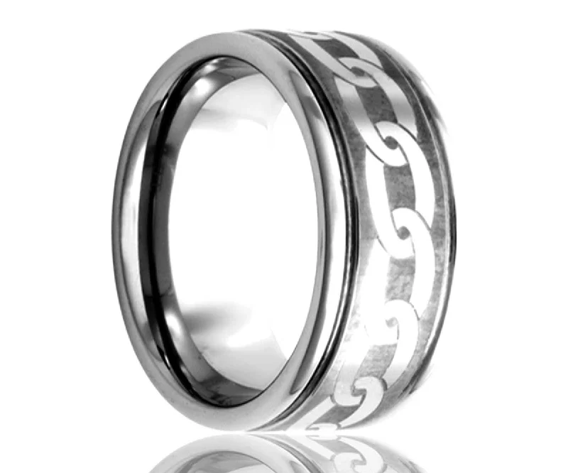 Rings Aura Lessons-Men's Deep Groove Tungsten Ring With Laser Pattern