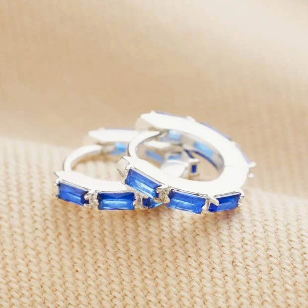 Earrings For Tight Chins-Blue Baguette Crystal Huggie Hoop Earrings: Silver