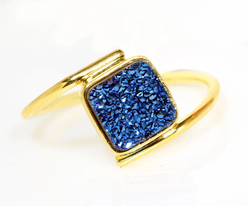 Rings For Spicy Hues-Bypass Square Blue Druzy Gold Ring