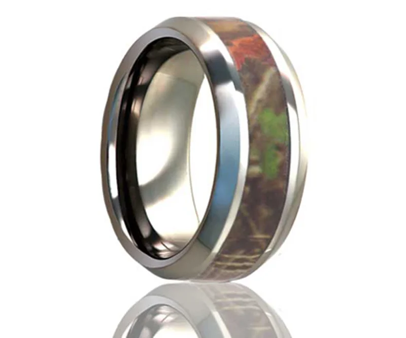 Best Neat Rings-Beveled Edge Timber Leaf Camo Titanium Ring