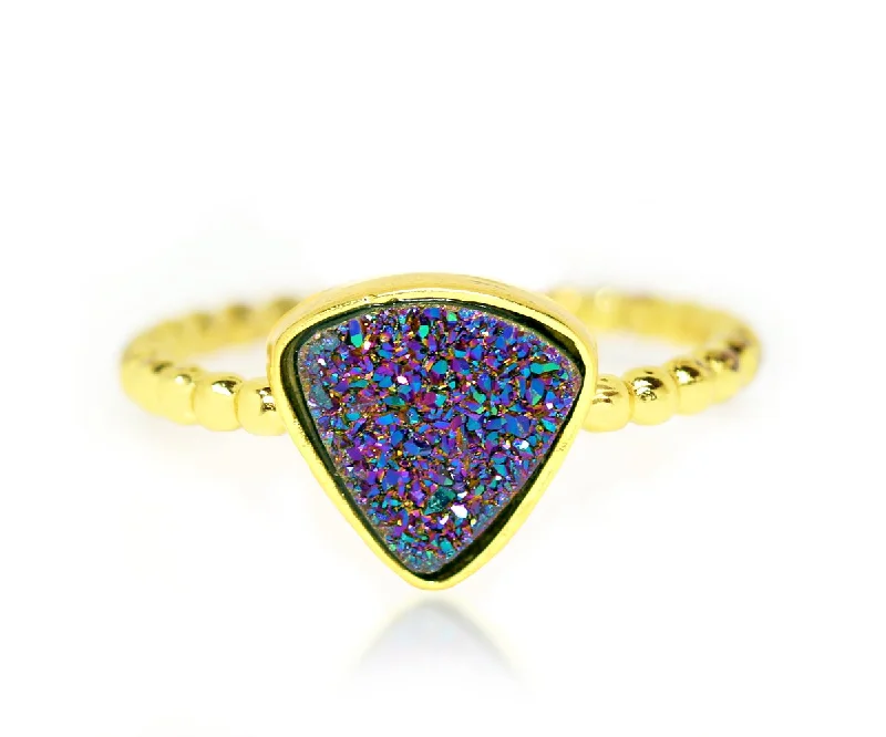 Best Glow Rings-Small Triangle Purple Rainbow Druzy Gold Ring