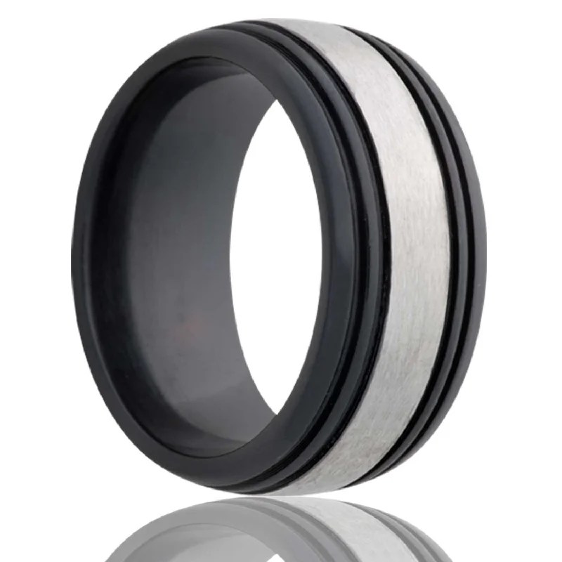 Rings For Muted Shine-Dome Zirconium Ring with Satin Center and Grooves