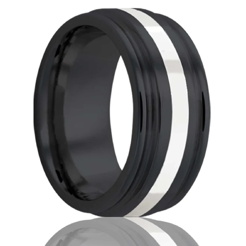 Rings With Suspended Charms-Double Grooved Edge Silver Inlay Black Zirconium Ring