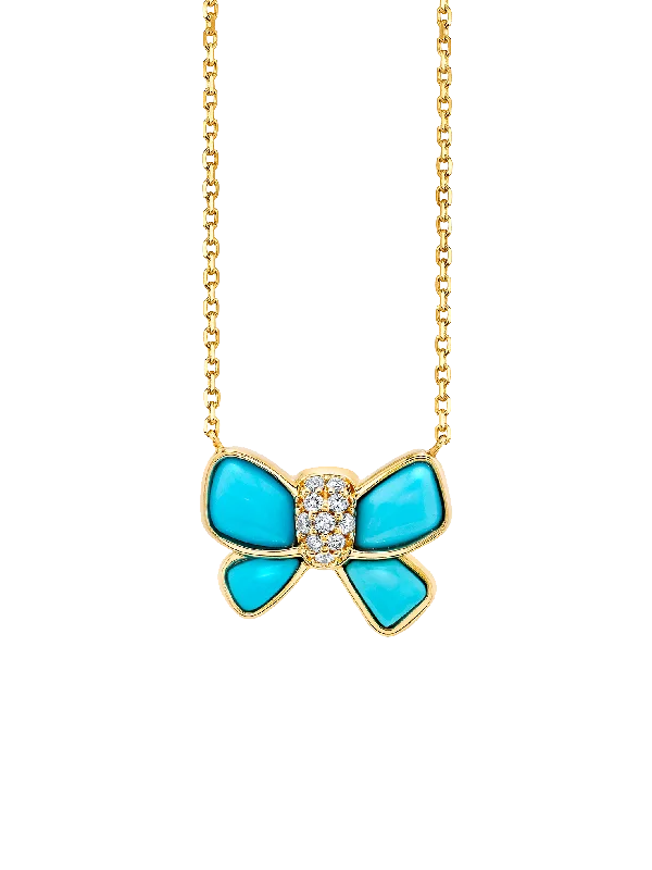 Necklaces Use Hints-Hand Carved Bow Necklace - White Diamond and Turquoise / 14k Yellow Gold