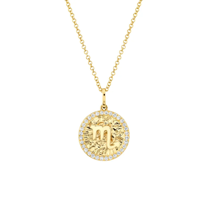 Necklaces For Thick Hair-Zodiac Coin Pendant - White Diamond / 14k Yellow Gold