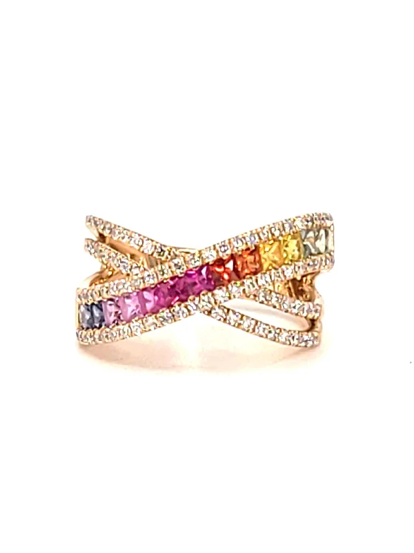 Rings For Bronze Skin-18k Rose Gold Rainbow Sapphire and Diamond Ring