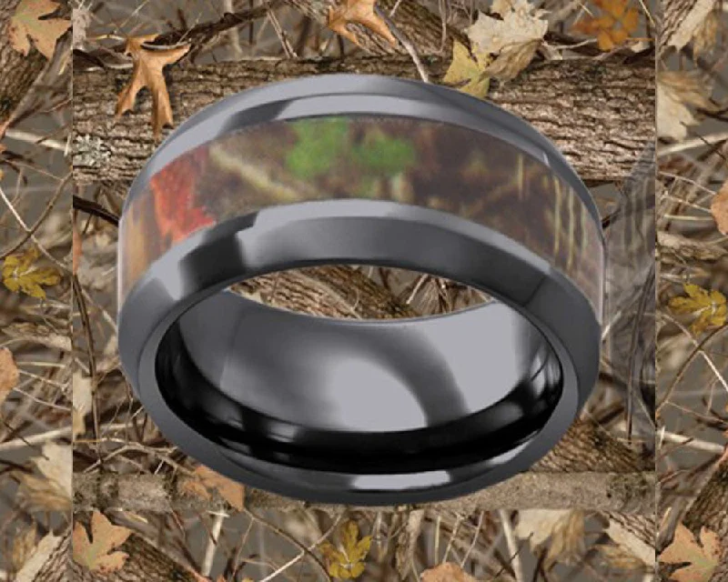 Rings For Seaside Twilights-Beveled Edge Timber Leaf Camo Black Ceramic Ring