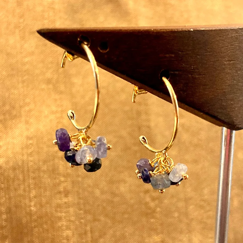 Earrings For Thin Flair-Sapphire Cluster 18K Gold Hoop Earrings