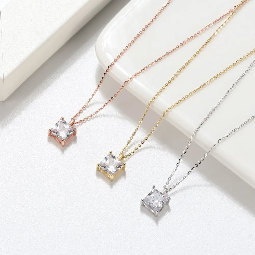 Best Cheap Necklaces-Modern Style Simple Style Square Sterling Silver 14k Gold Plated Rose Gold Plated White Gold Plated Zircon Pendant Necklace In Bulk