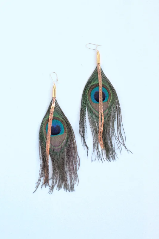 Earrings Rock Choices-Vintage Chain and Peacock Feather Earrings - Turquoise