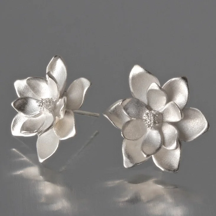 Earrings For Lavish Parties-Large Magnolia Sterling Silver Post Earrings