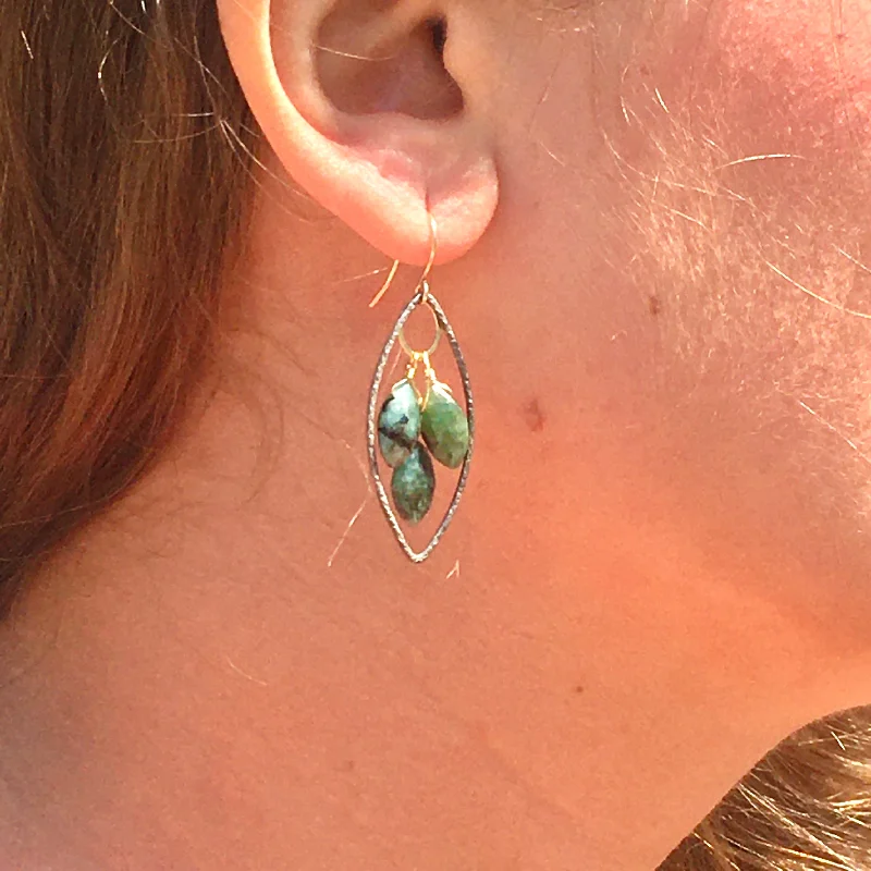 Earrings For Gentle Ears-Oxidized Sterling Marquis Earrings with Emerald and Gold Accents