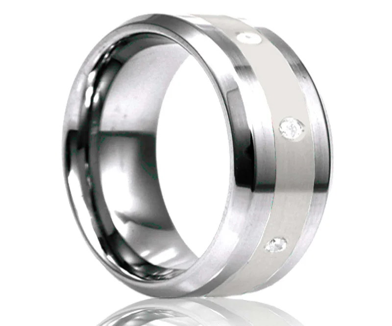 Rings For Humid Falls-Men's Beveled Edge Tungsten Diamond Eternity Ring With Platinum Inlay