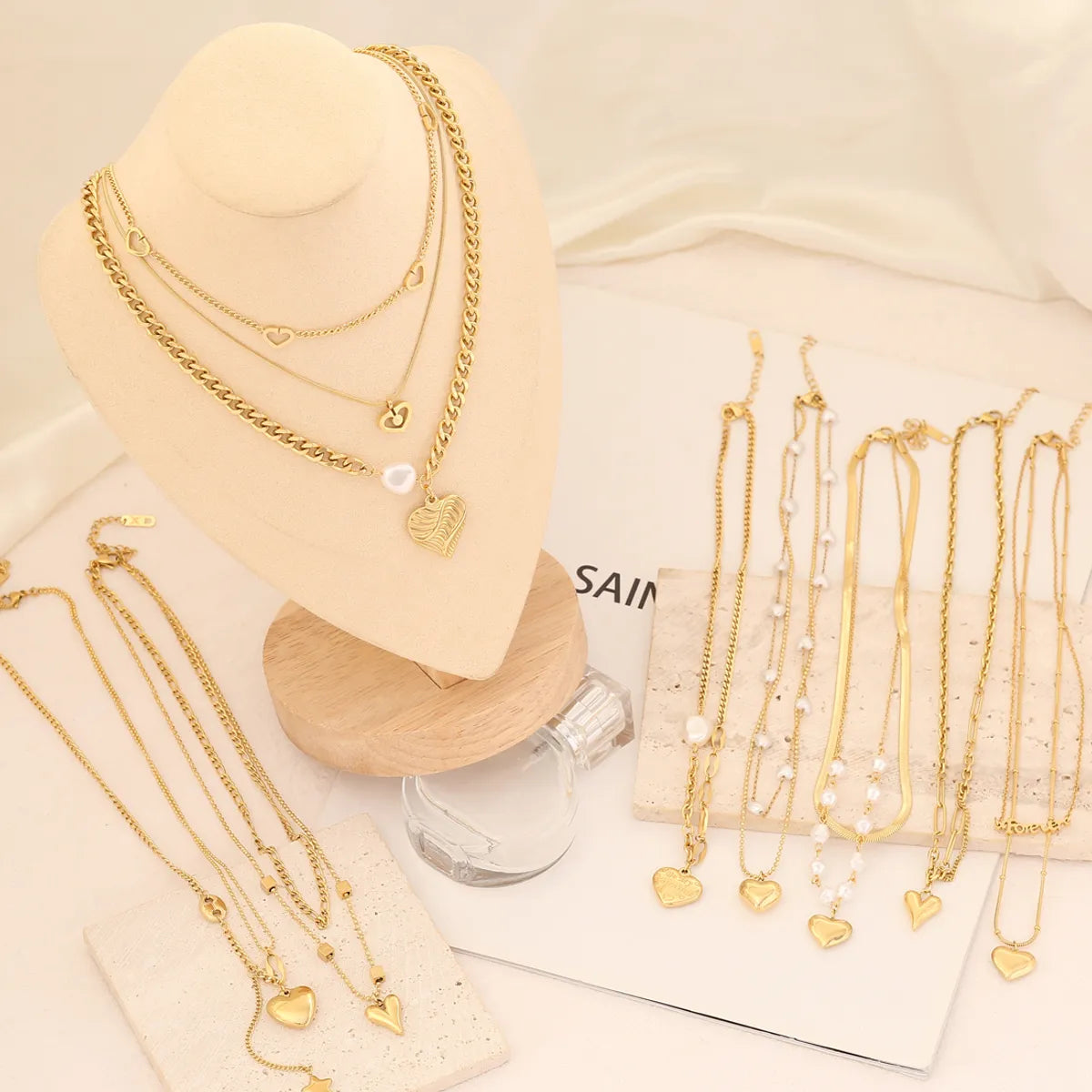 Best Form Necklaces-Fashion Heart Shape Stainless Steel Layered Necklaces Gold Plated Pearl Stainless Steel Necklaces 1 Piece