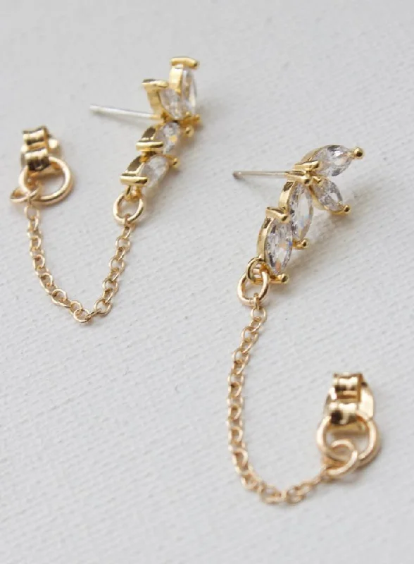 Earrings For Dual Metals-CZ MARQUISE AND CHAIN EARRINGS