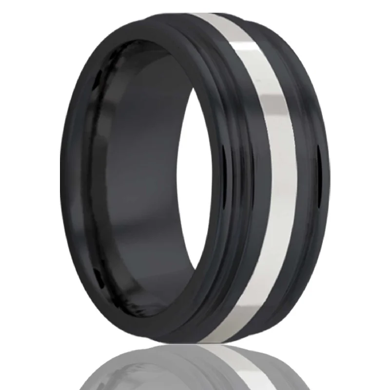 Rings With Coiled Accents-Double Grooved Edge Platinum Inlay Black Zirconium Ring