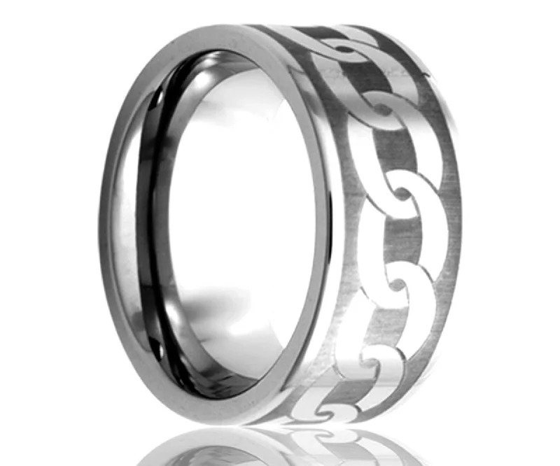 Rings Cost Secrets-Chain Link Engraved Flat Tungsten Ring