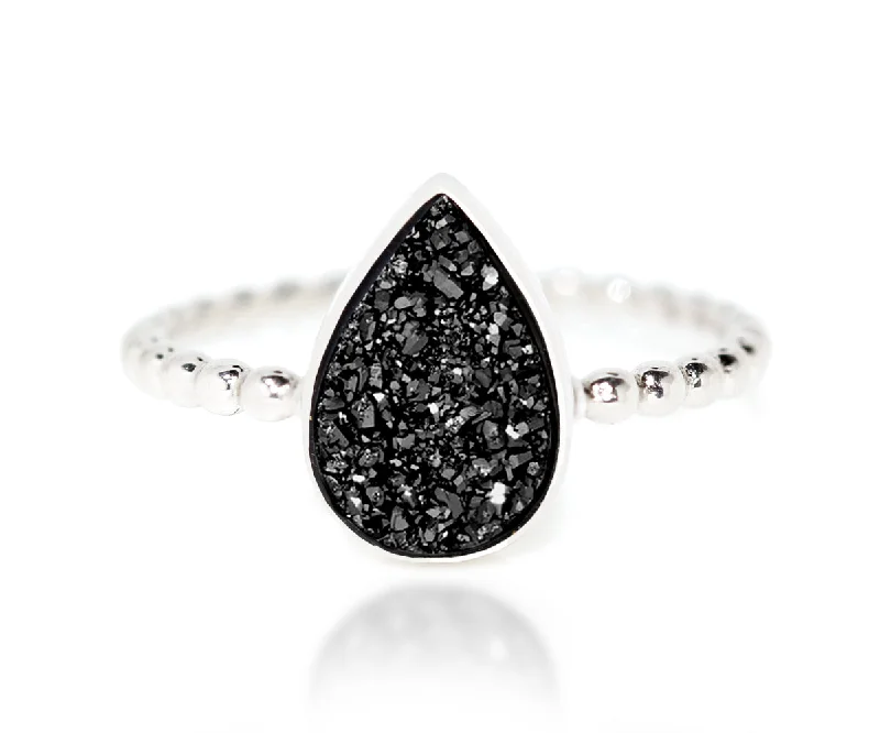 Rings For Secluded Nights-Teardrop Black Druzy Ring