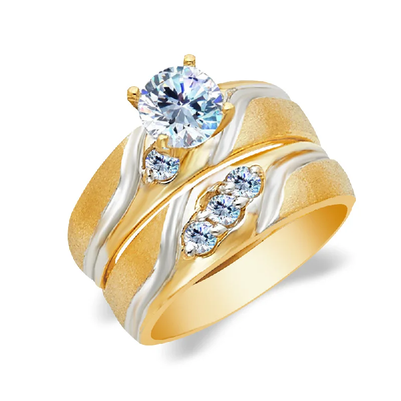 Rings For Fine Links-14K Two Tone Solid 1 Ct. Round Cut Solitaire Gold CZ Wedding Engagement Ring 2 Piece Bridal Set