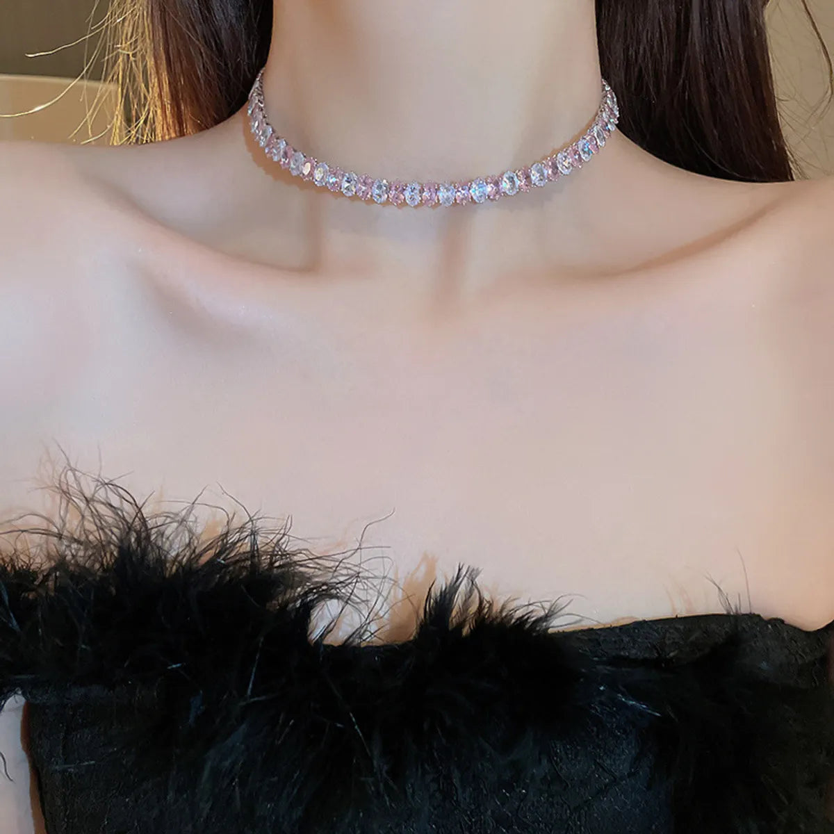 Necklaces For Close Events-Glam Shiny Oval Copper Plating Inlay Zircon White Gold Plated Choker