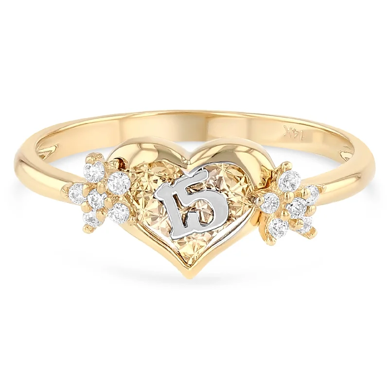 Rings Shine Boosters-14K Gold 15 Years Birthday CZ Heart Quinceanera Ring