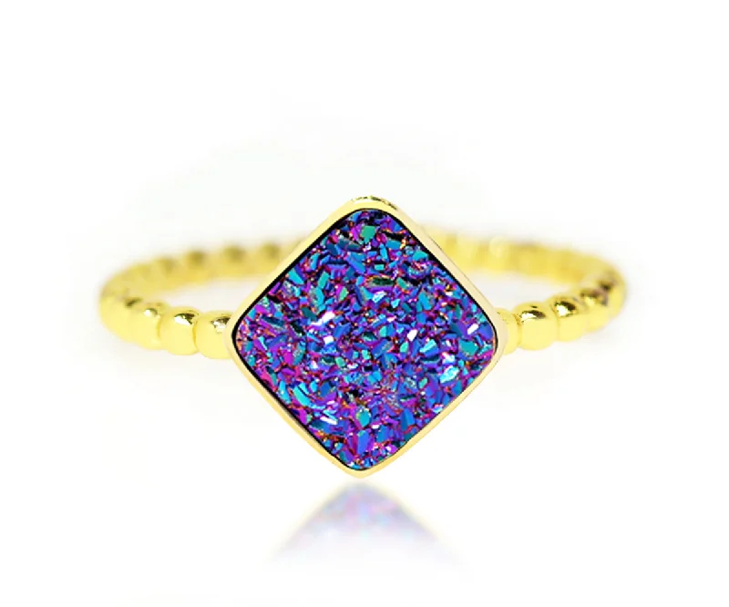 Packed Rings For Depth-Small Square Purple Rainbow Druzy 14k Gold Vermeil Ring