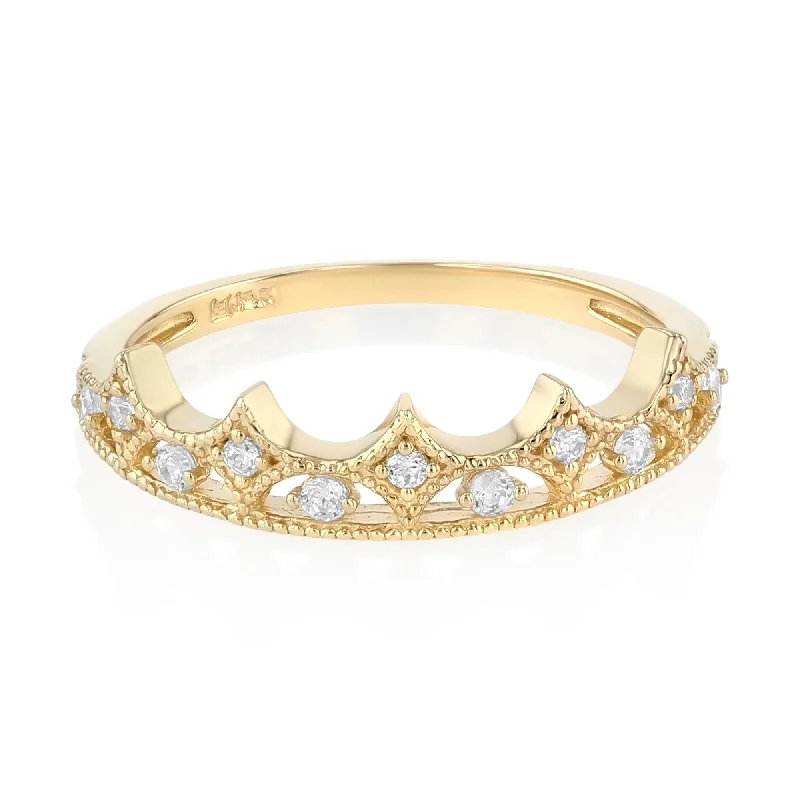 Rings Guard Secrets-14K Solid Gold CZ Princess Crown OR Tiara Stackable Band Ring