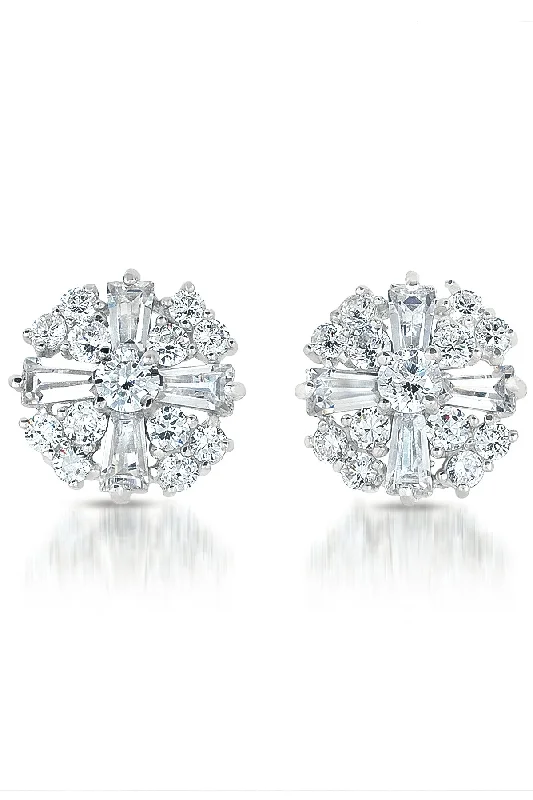 Max Glint Earrings-Cubic Zirconia Sterling Silver Rhodium Plated Round Earrings