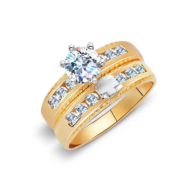 Rings For Dawn Reflections-14K Solid Gold Two Tone CZ Wedding Engagement Ring 2 Piece Bridal Set