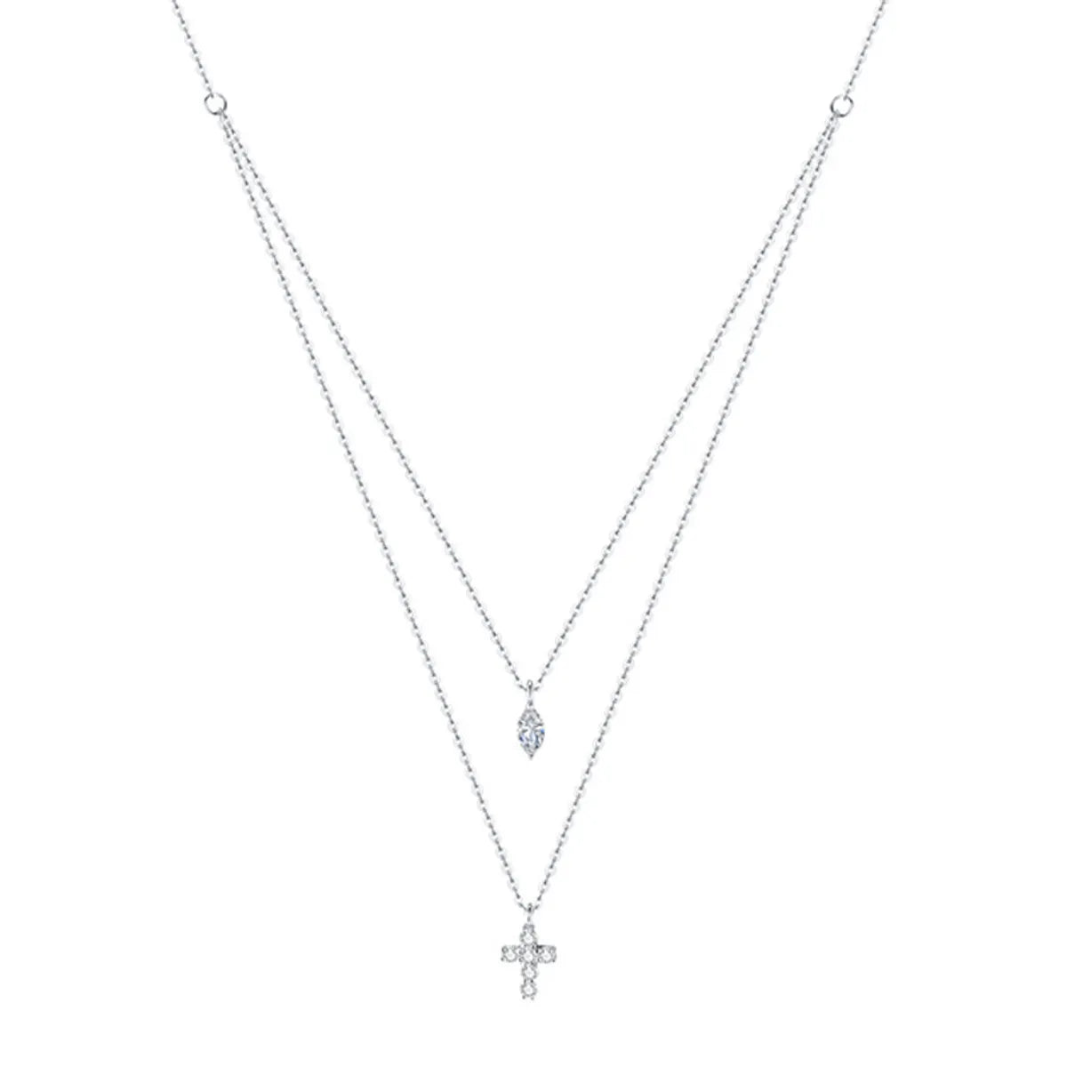 Double-Layer Cross Water Drop Necklace (White Gold Color)