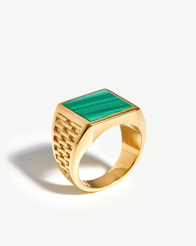 Rings Spark Reviews-Fused Woven Gemstone Square Signet Ring | 18ct Gold Vermeil/Malachite