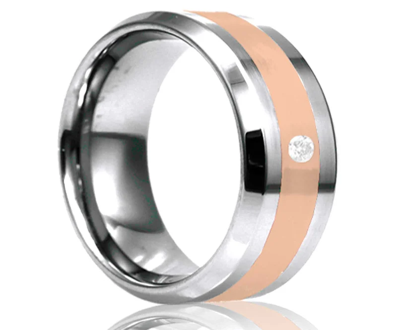 Rings For Travel Pouches-Men's Beveled Edge Tungsten Ring With Rose Gold Inlay And One Stone