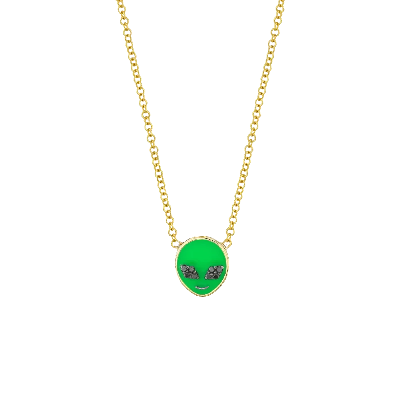 Necklaces Stone Guide-Enamel Charm Necklace - Black Diamond and Alien / 14k Yellow Gold