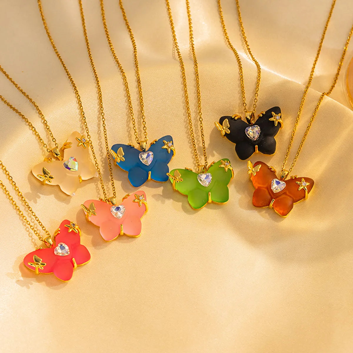 Necklaces For Dense Wear-Cute Lady Butterfly Stainless Steel Plating Inlay Resin 18k Gold Plated Pendant Necklace