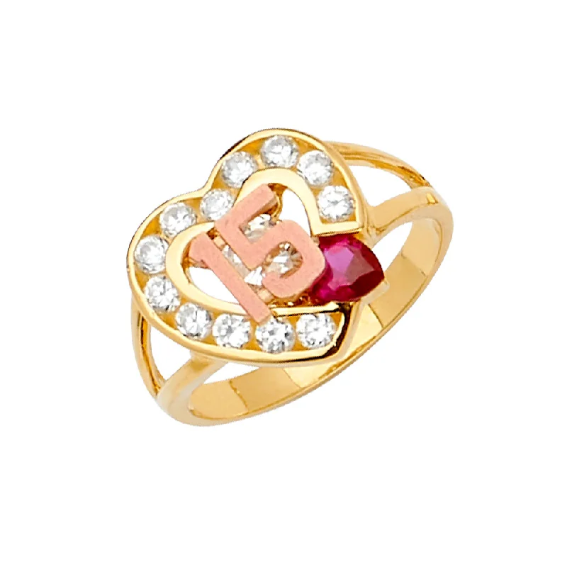 Rings For Moonlit Gatherings-14K Solid Gold CZ Heart Cut 15 Years Quinceanera Ring