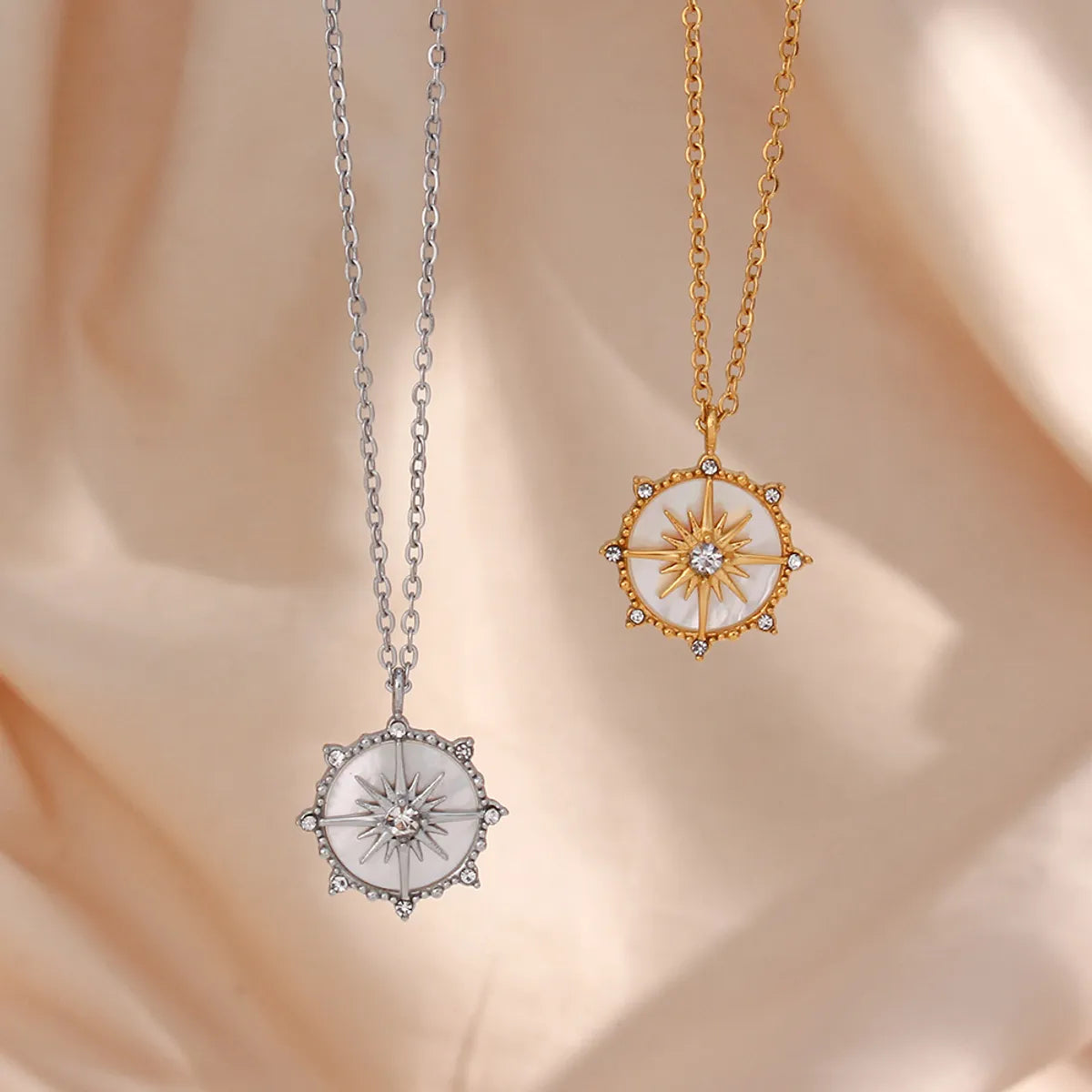 Hefty Necklaces For Boldness-Casual Round Star Stainless Steel Necklace Inlay Shell Zircon Stainless Steel Necklaces